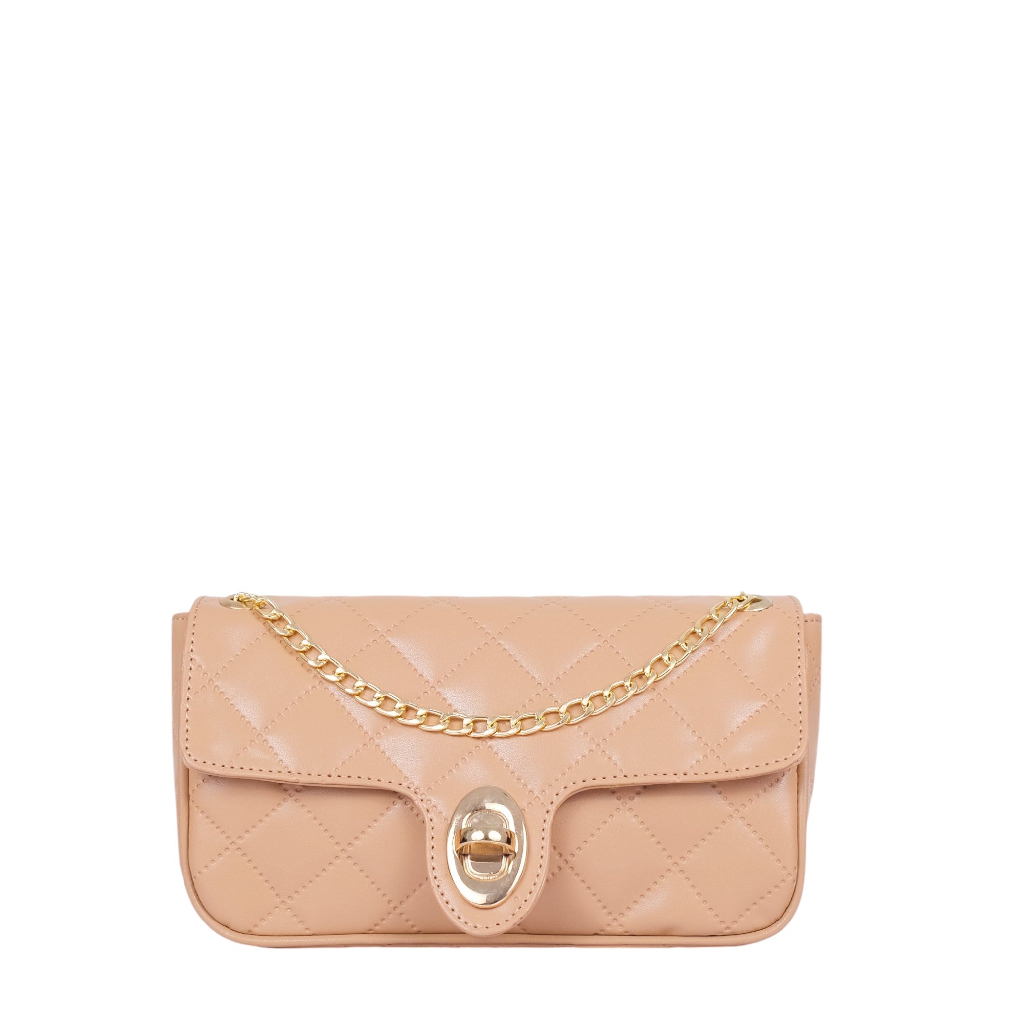 Beige Faux Leather Quilted Small Shoulder Bag With Chain