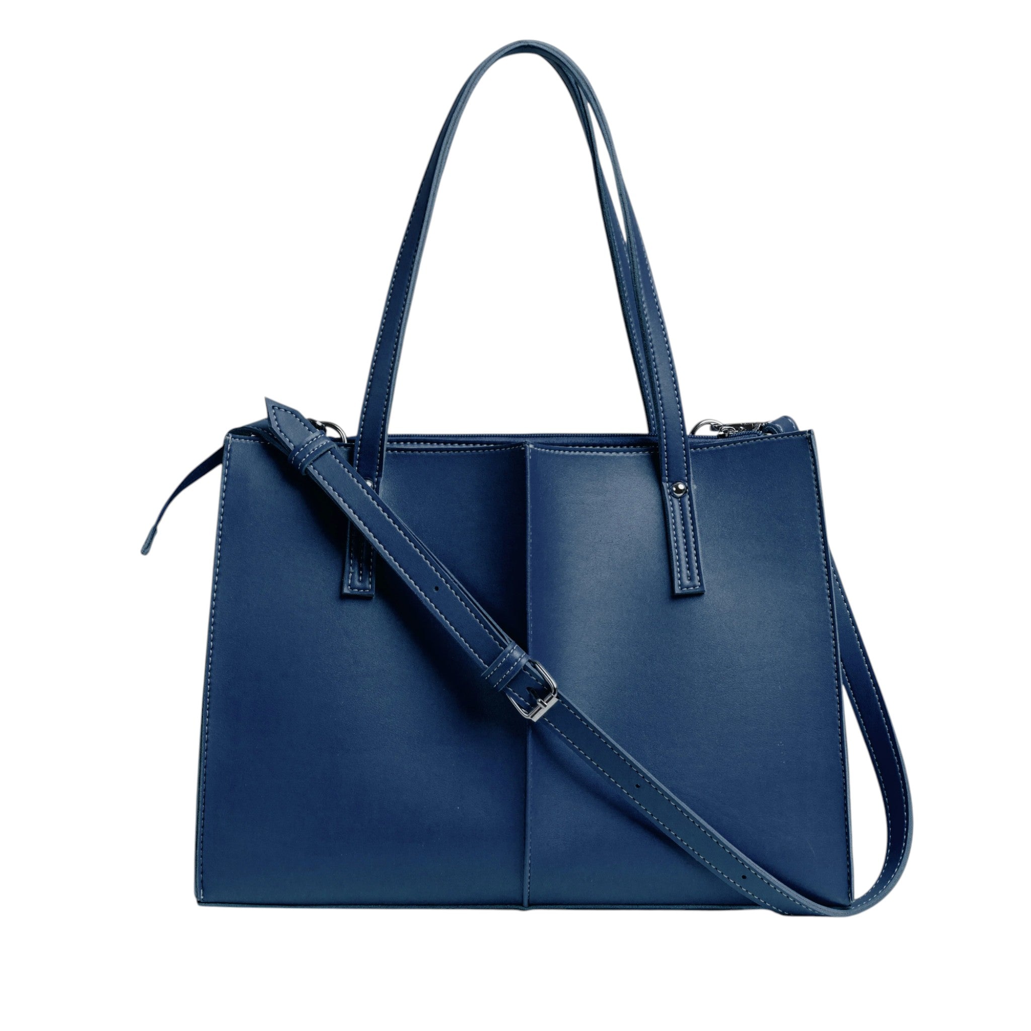 Women's Blue Faux Leather Work Tote Bag Multiple Pockets