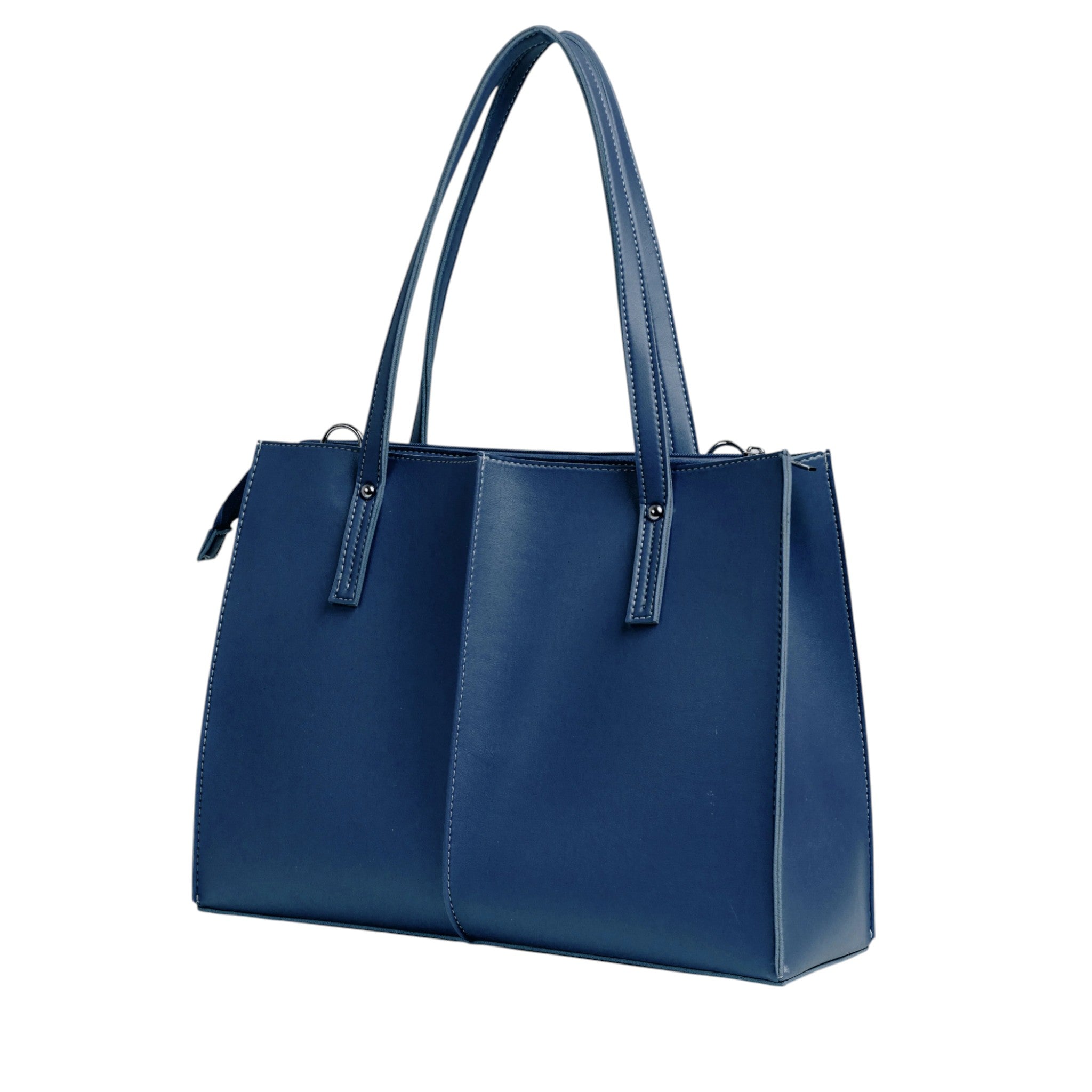 Women's Blue Faux Leather Work Tote Bag Multiple Pockets