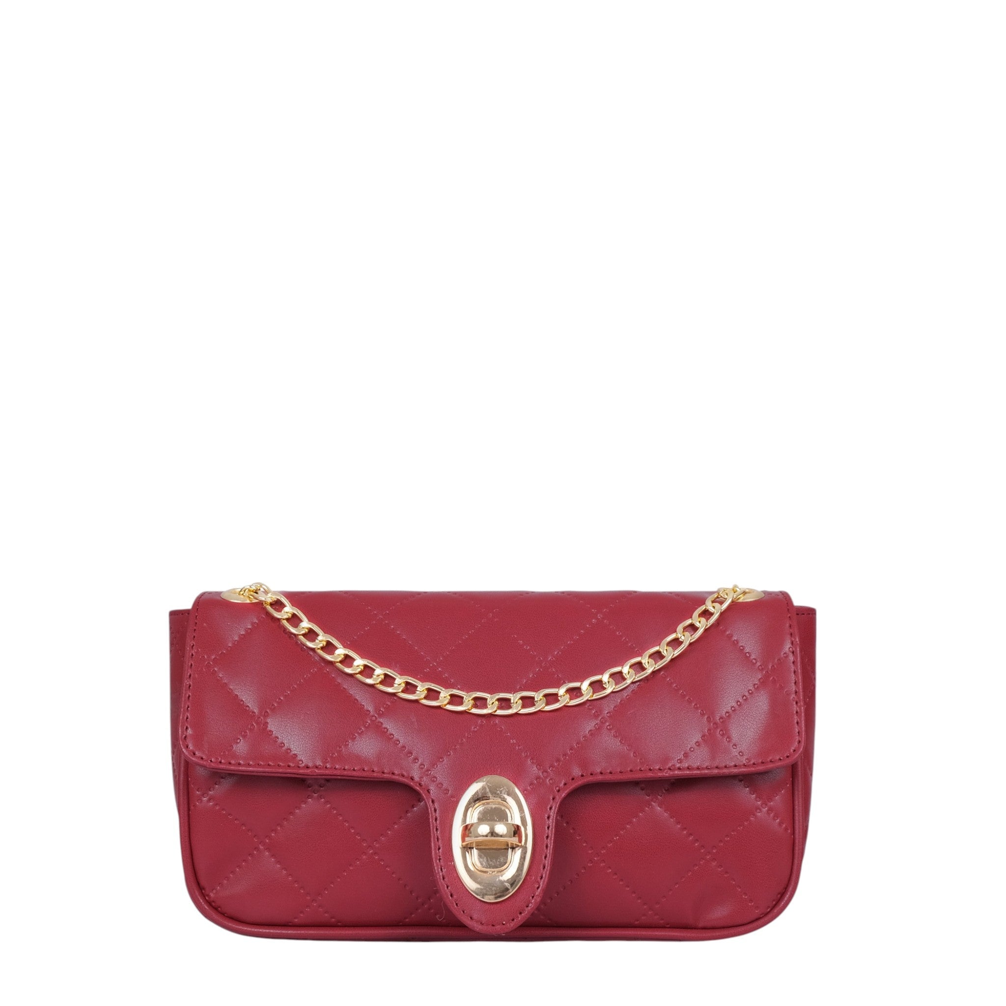 Maroon Quilted Medium Shoulder Bag With Chain