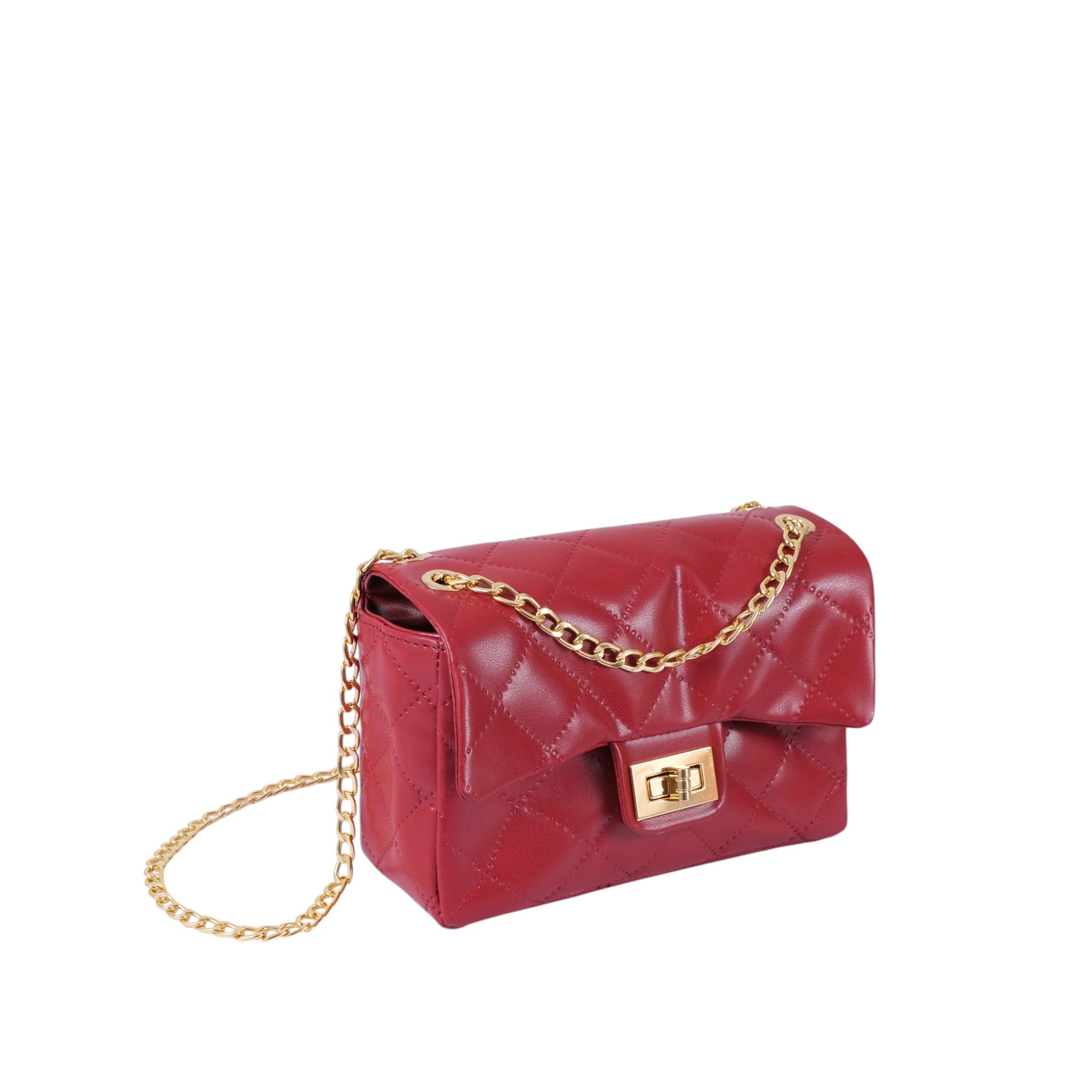 Women's Maroon Quilted Mini Bag Faux Leather, Chain Strap, Lock Closure