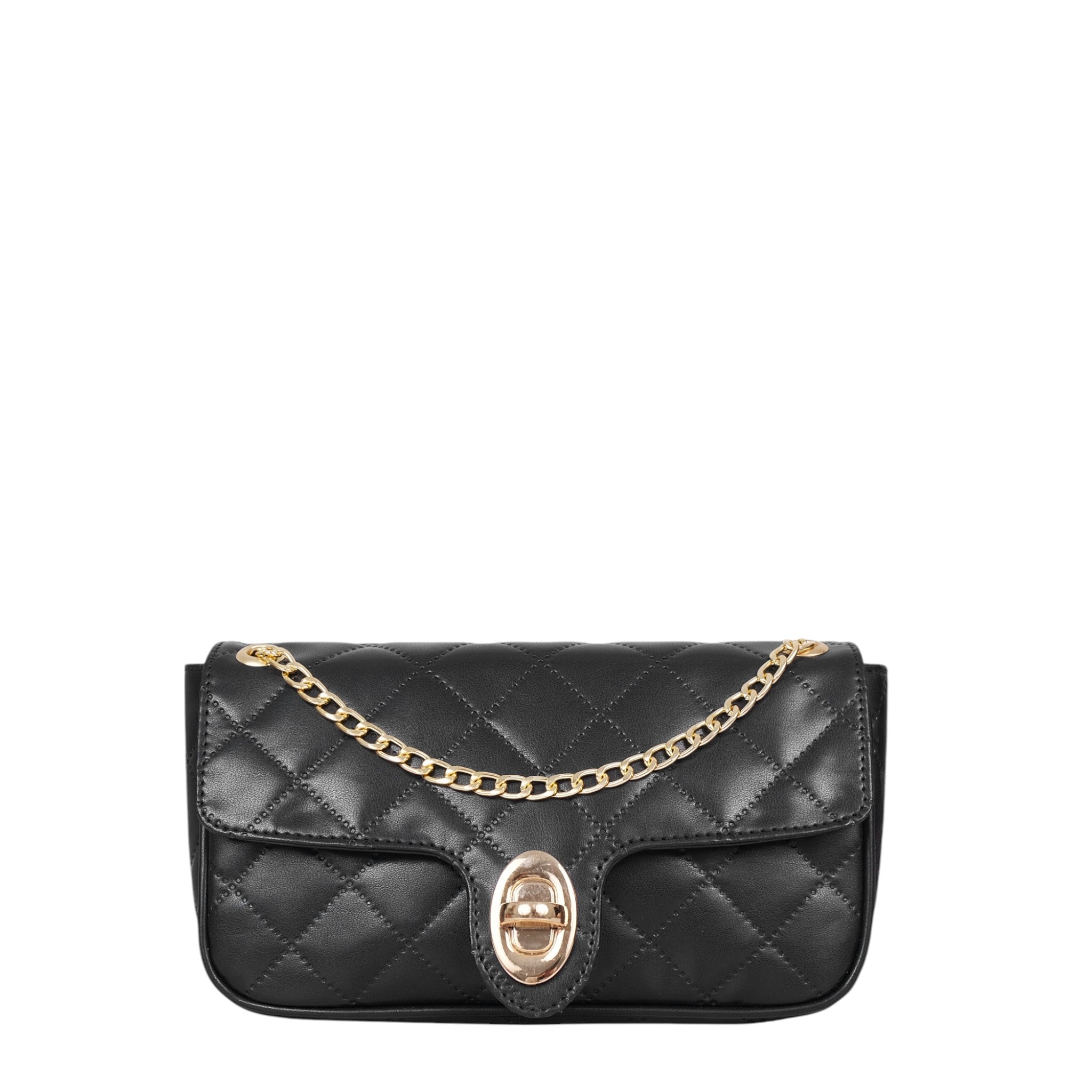 Black Faux Leather Quilted Small Shoulder Bag With Chain