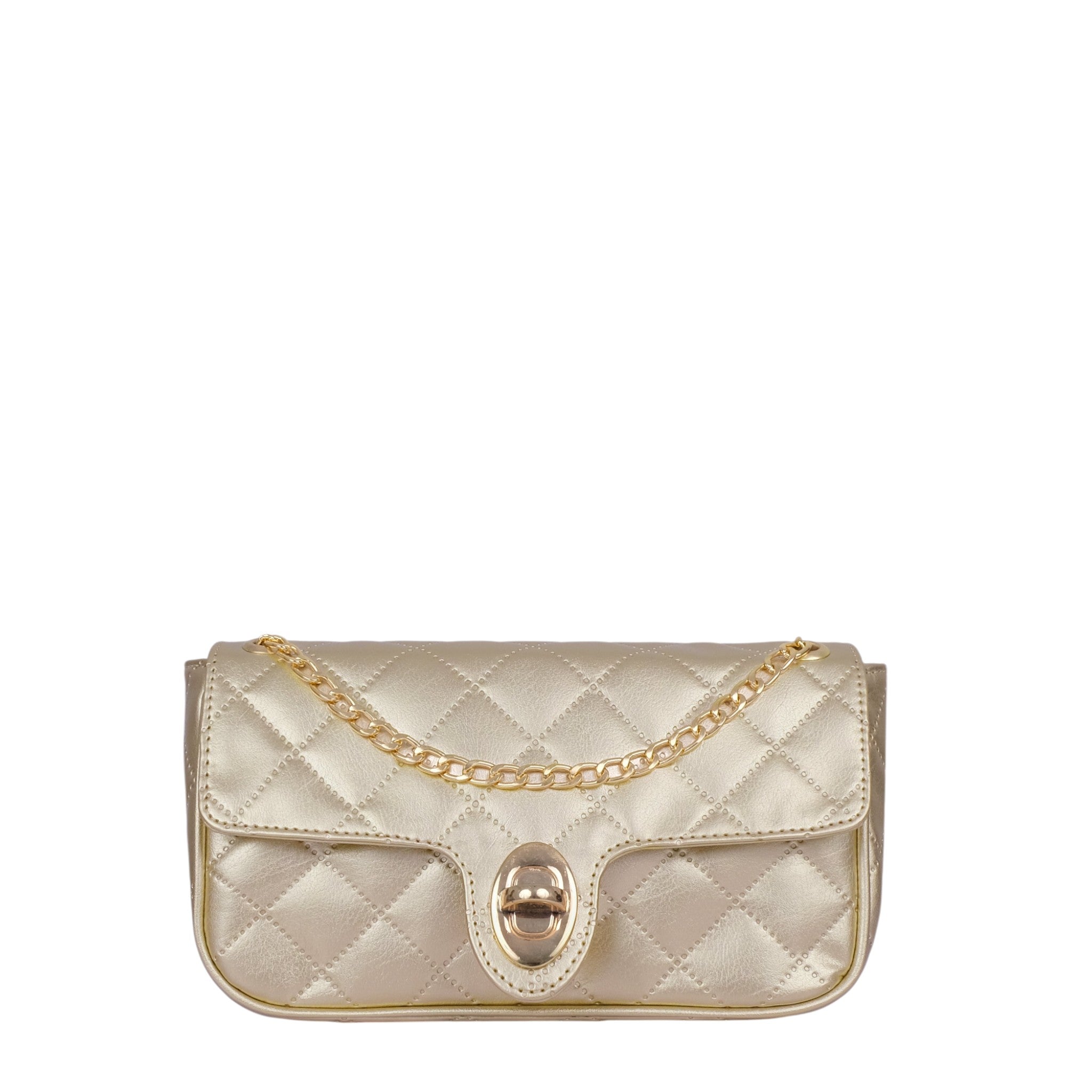 Golden Quilted Small Shoulder Bag With Long Chain Handle