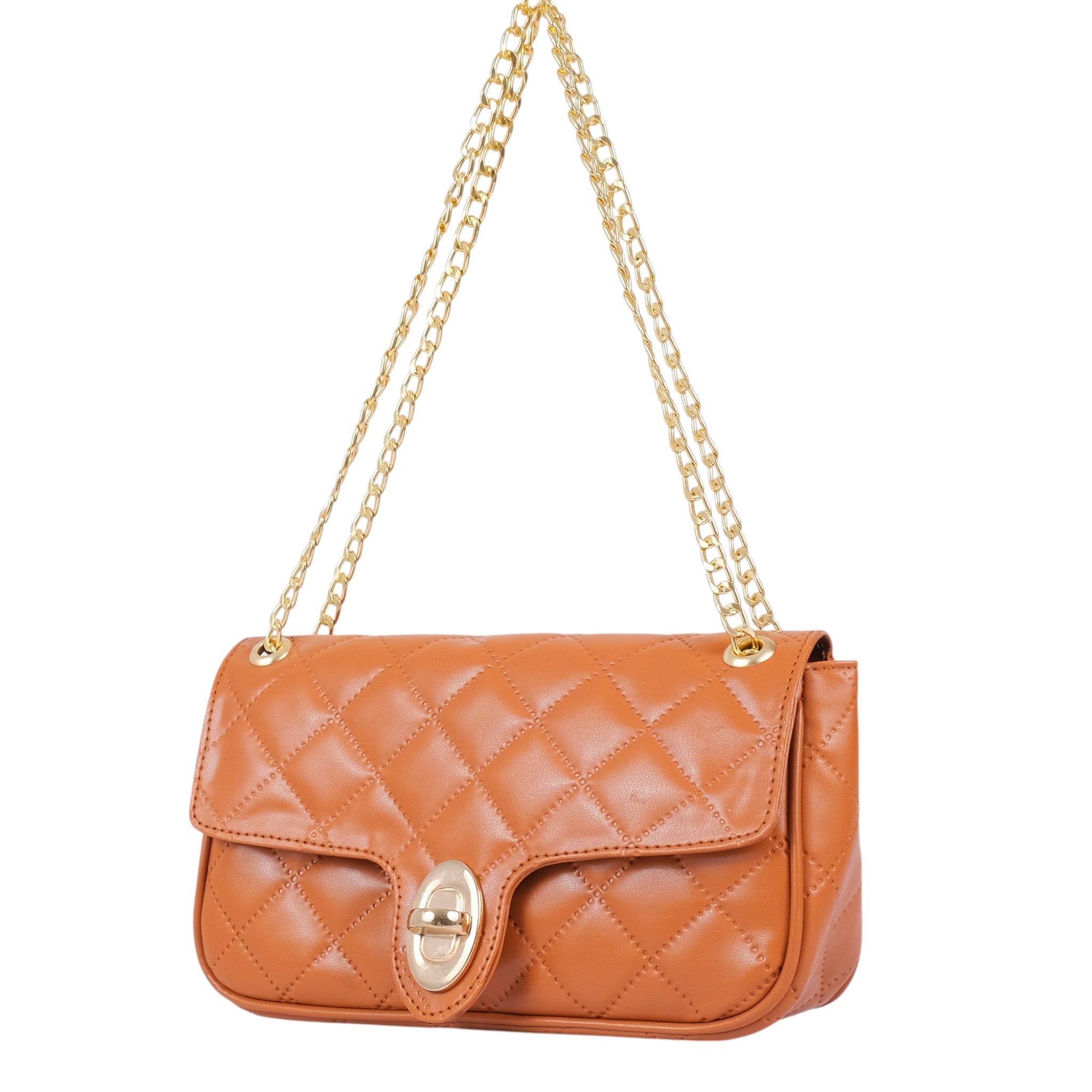 Faux Leather Orange Small Shoulder Bag With Long Chain Handle