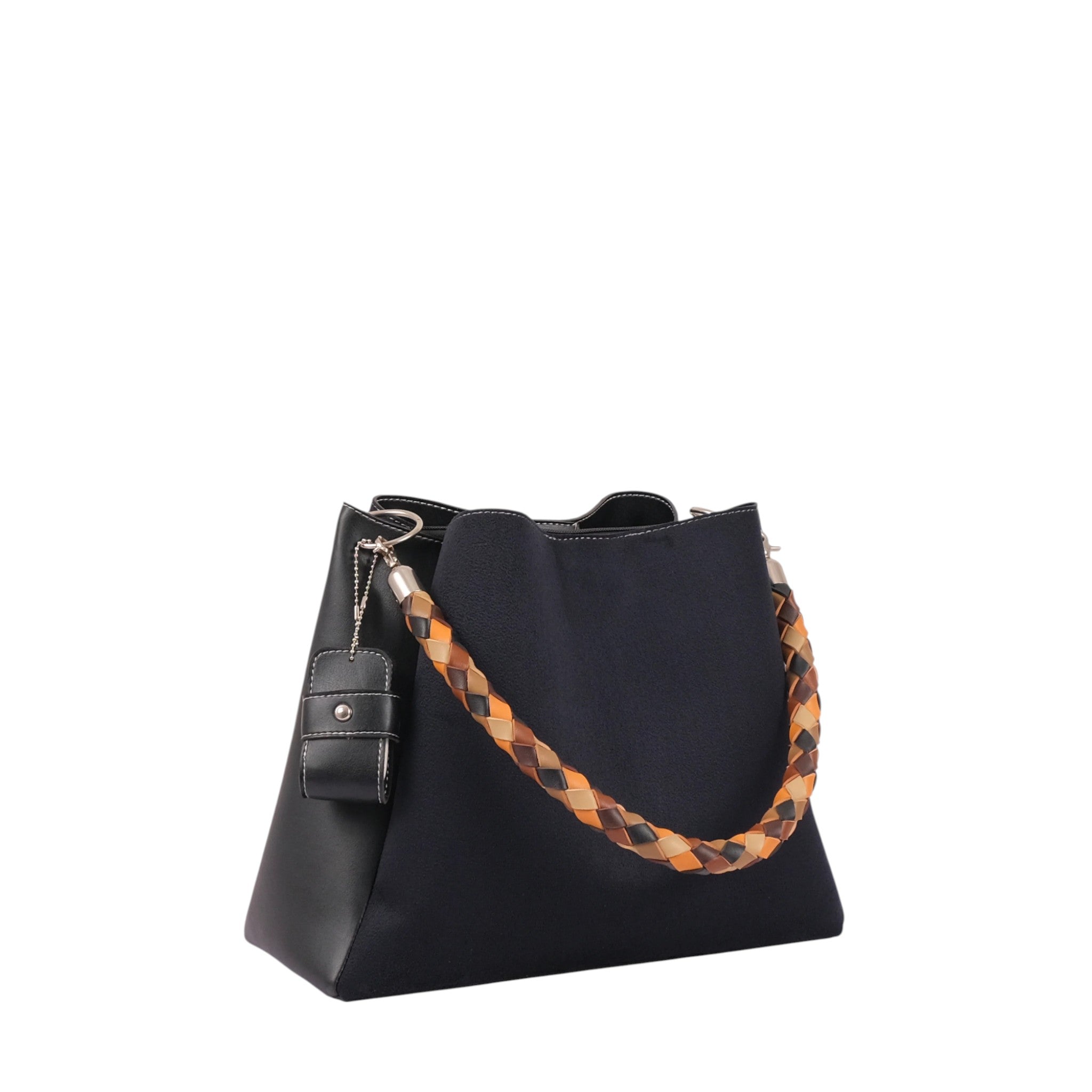 Black Faux Leather Handbag with Colorful Braided Handle