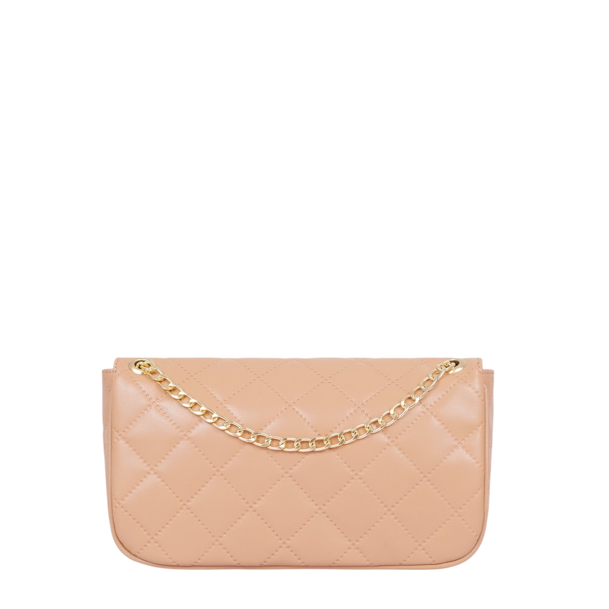 Beige Faux Leather Quilted Small Shoulder Bag With Chain