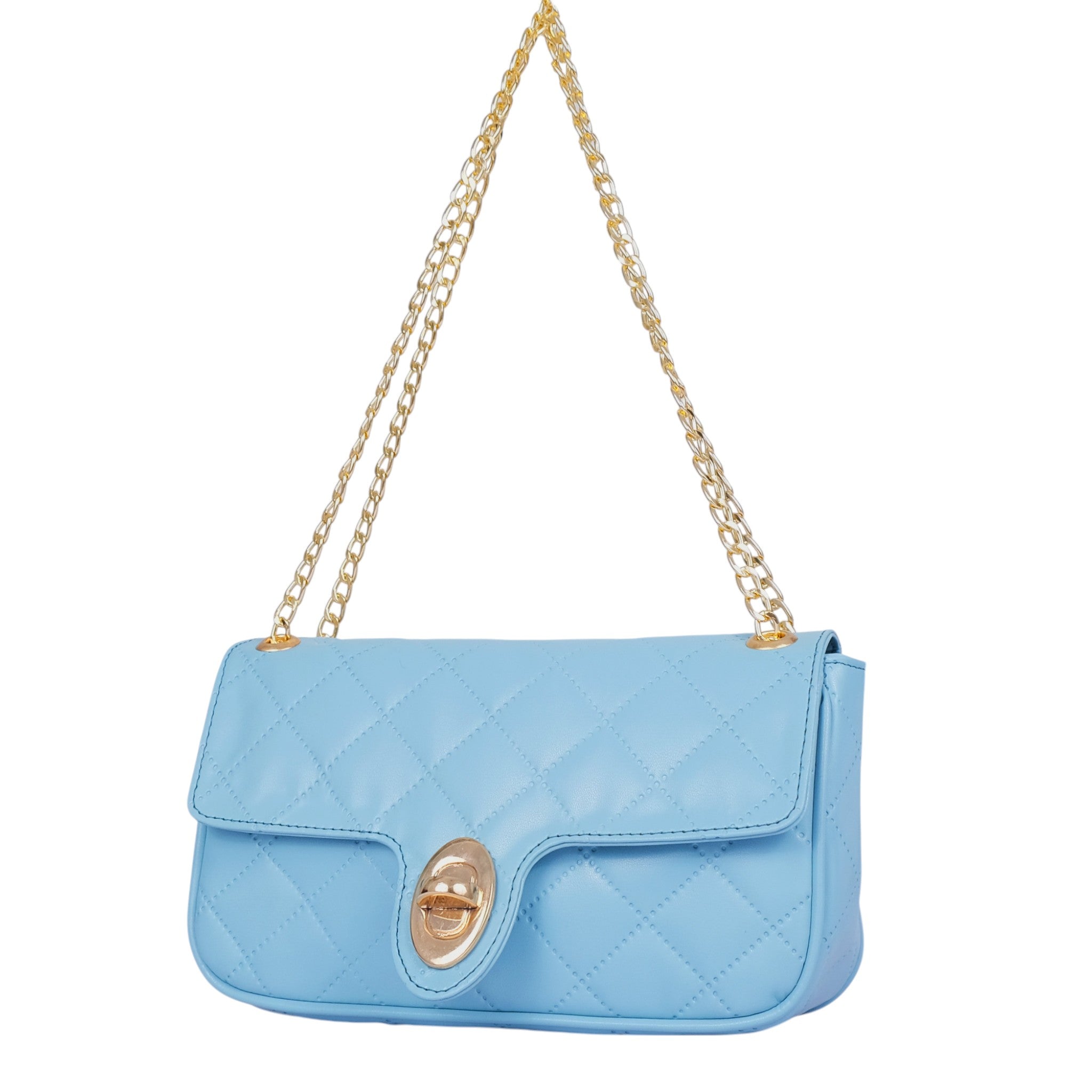 Sky Blue Faux Leather Quilted Shoulder Bag With Long Chain Handle