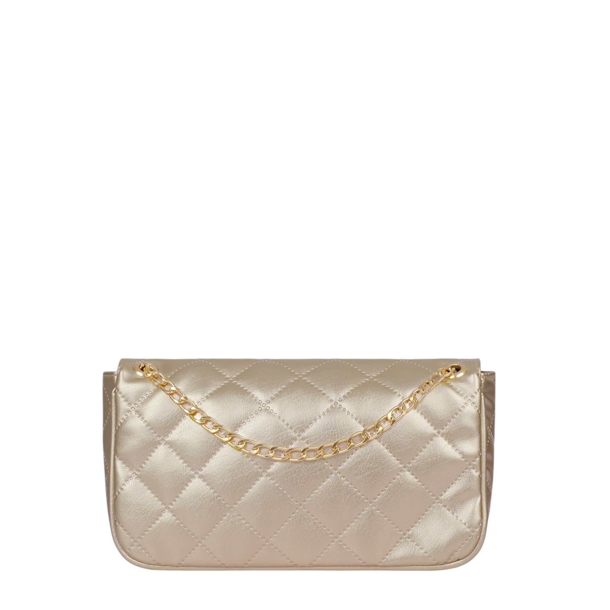 Golden Quilted Small Shoulder Bag With Long Chain Handle
