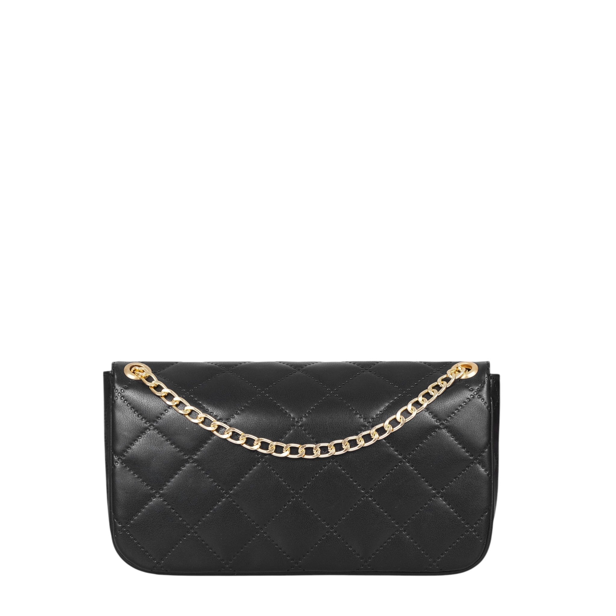 Black Faux Leather Quilted Small Shoulder Bag With Chain